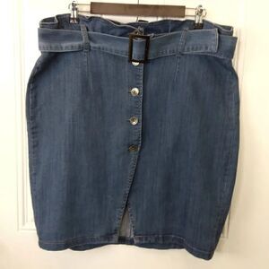 Traffic Jean Wear button front blue denim paper bag front waist skirt with belt
